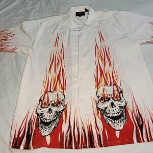 D Clothing Skulls & Flames Shirt Sz XL Button Up Short Sleeve Small Spot See Pic